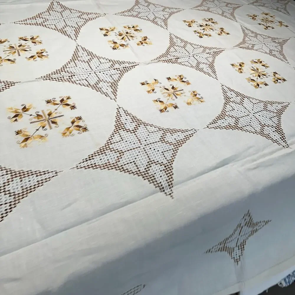 Vintage Hand-Stitched Irish Linen Tablecloth Cream Gold 63